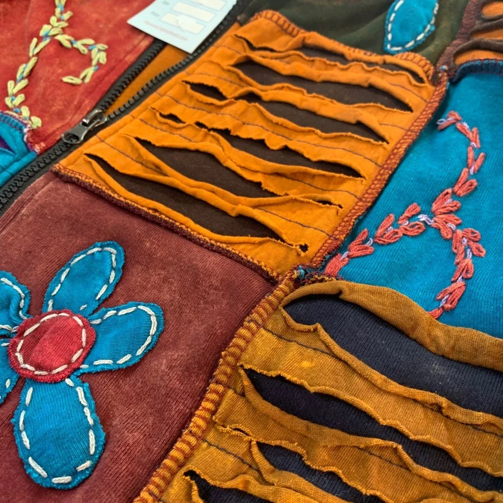 Boho Patchwork Hoodie‎ L Nepal Cotton Embroidered Festival Hippie Cottagecore